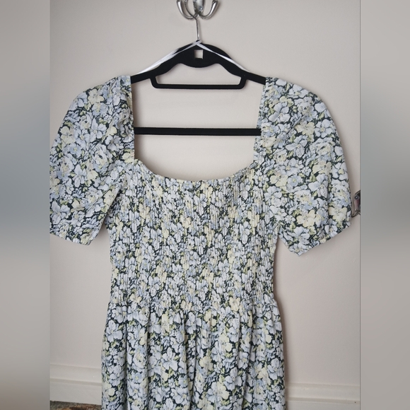 NWT H & M Floral Puff Sleeve Midi Dress Green Yellow Blue White - Picture 10 of 13